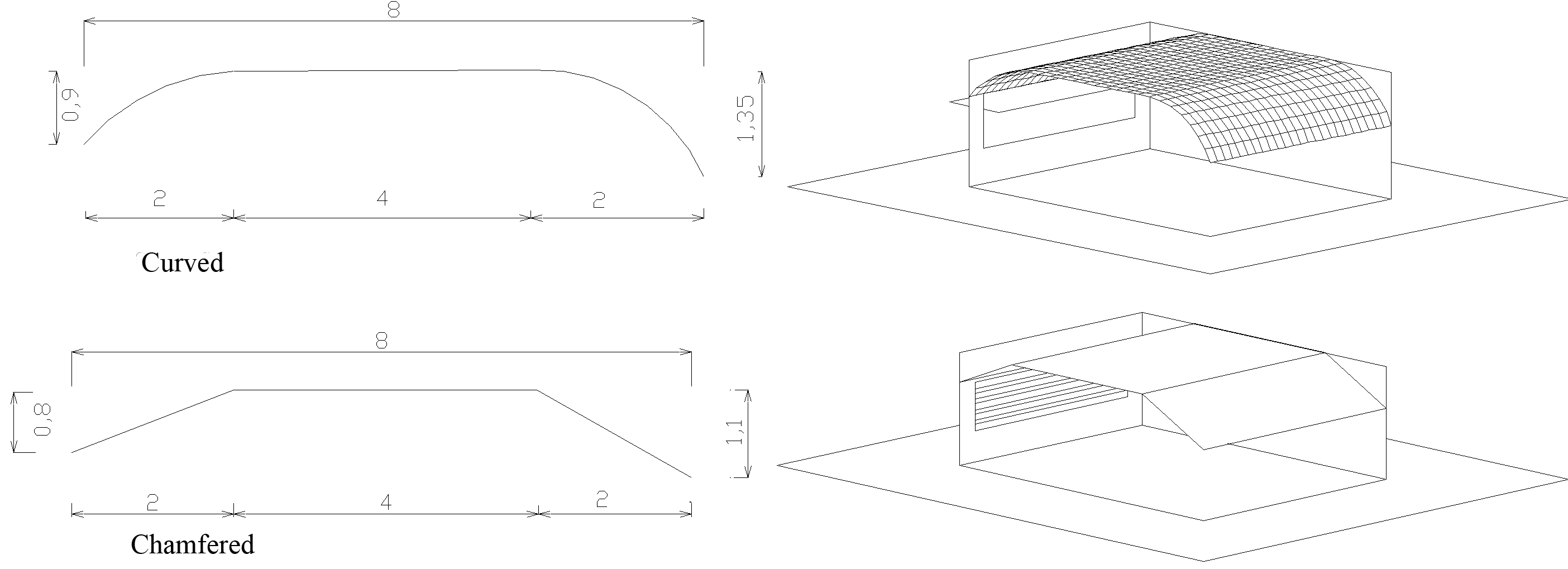 Curved and chamfered ceiling dimensions and AutoCAD images.