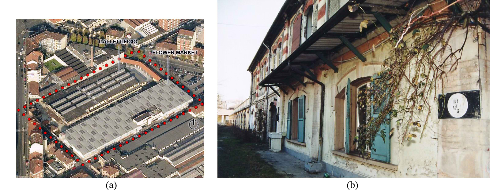 (a) Aerial view of the design site and (b) an image of the ‘Gallettificio’ designed by Fenoglio.