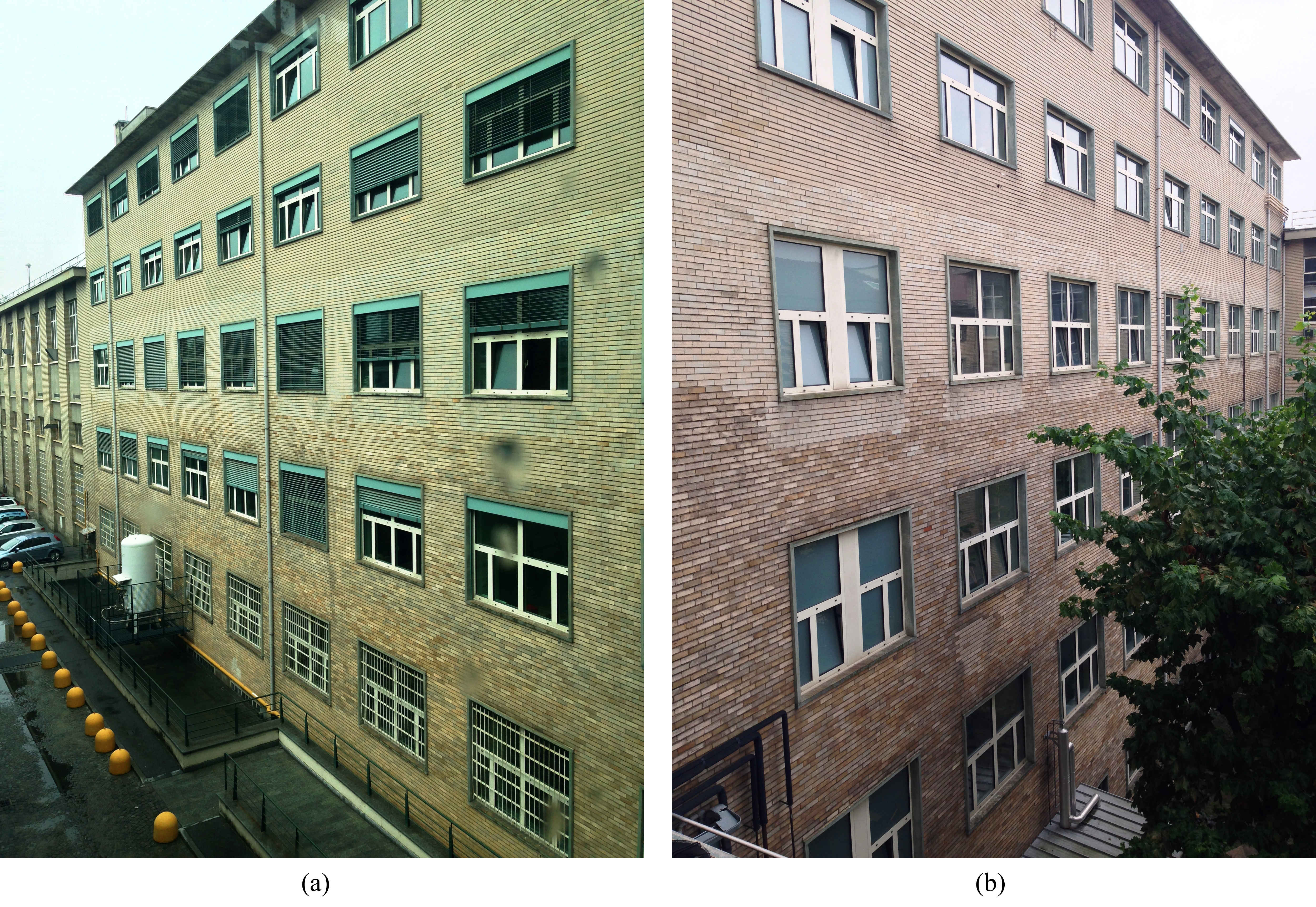 Images of the DENERG building façades: (a) south-facing façade and (b) north-facing façade.