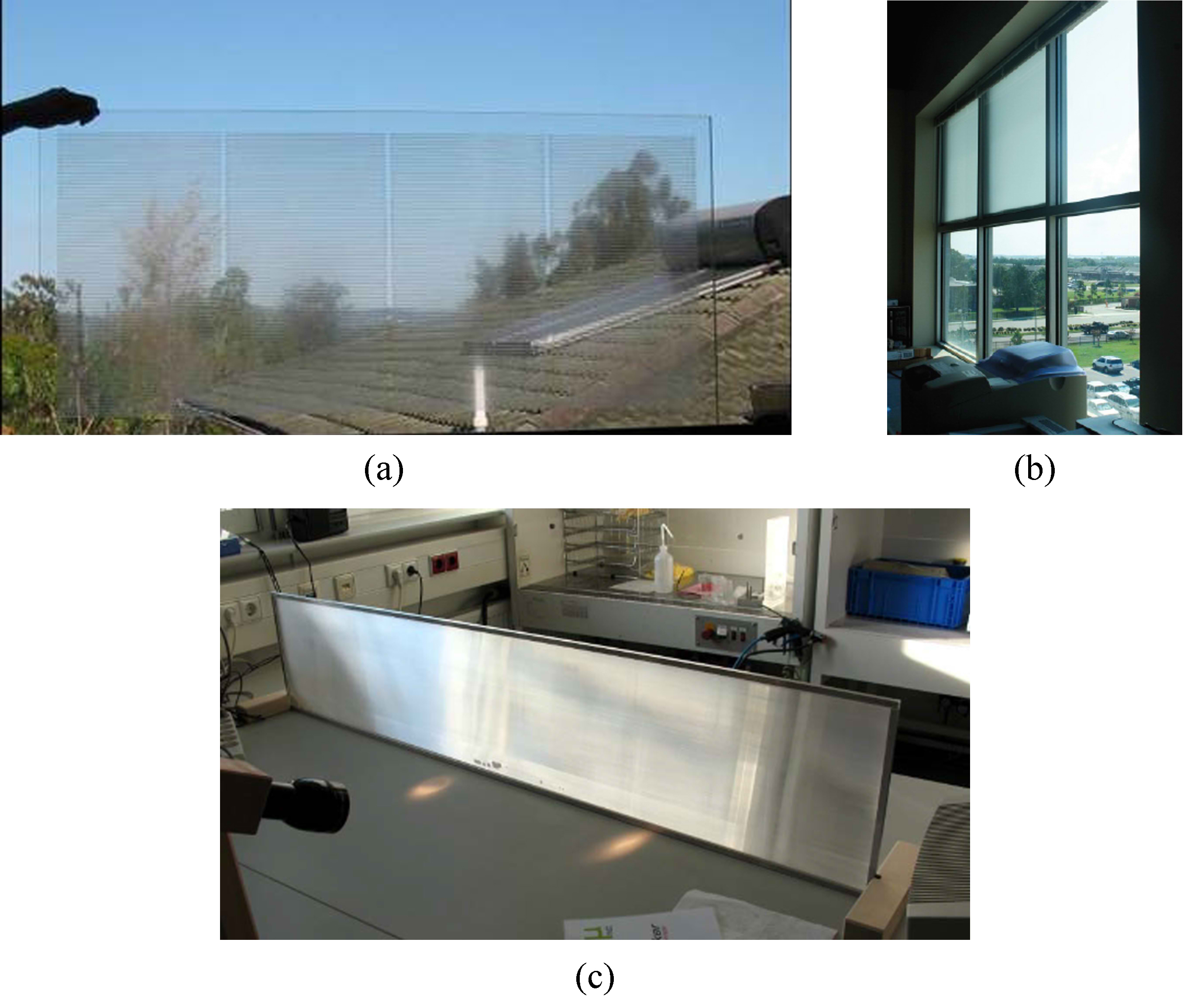 Views of the investigated CFS: (a) LCP, (b) microstructure light redirecting film (3MTM film), (c) a sample of one of the three versions of the microstructure daylighting system (CFS1, CFS2, and CFS3).