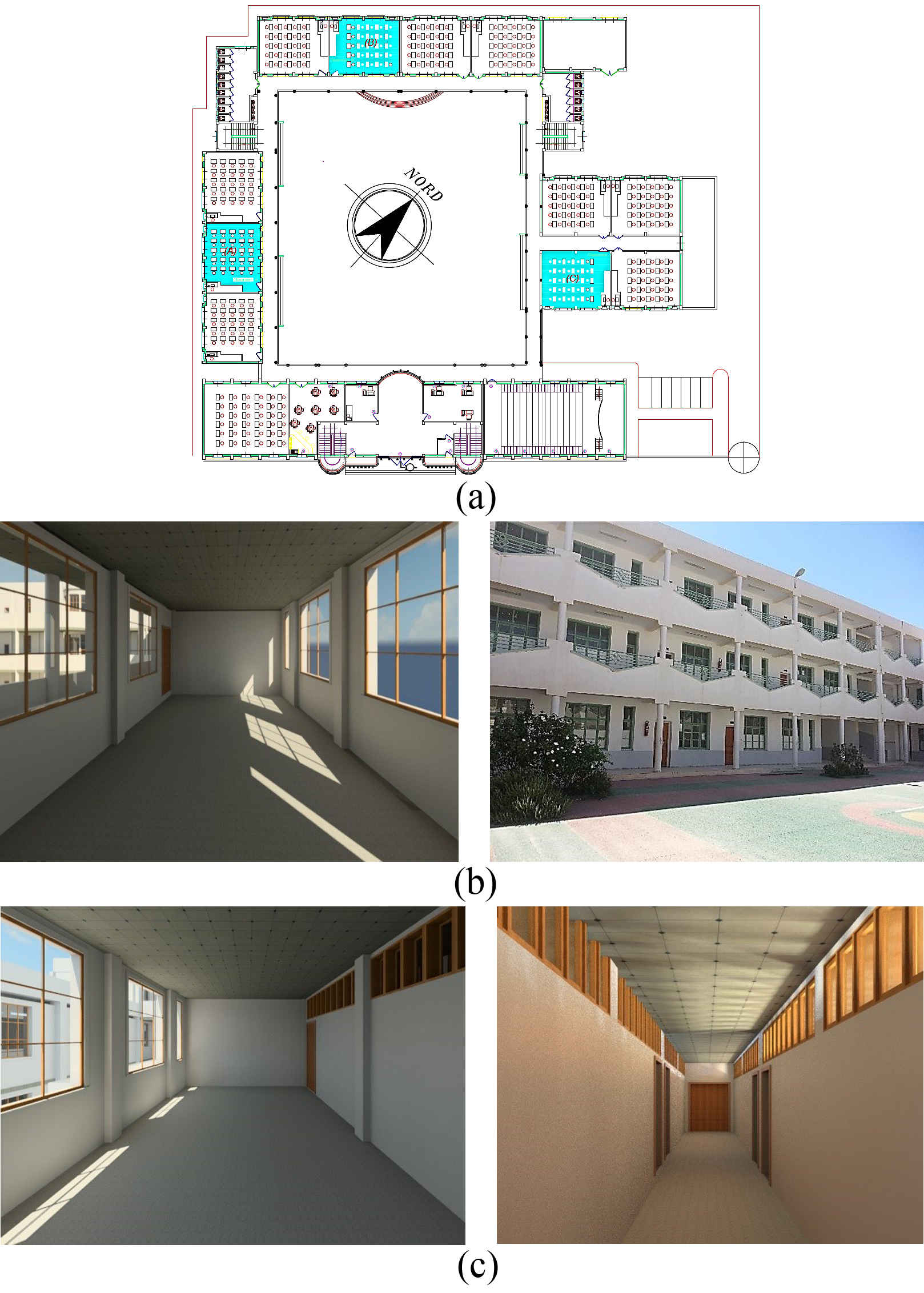 (a) The location and orientations of classrooms tested, (b) bilateral typology with overhang, and (c) clerestory typology without overhang.