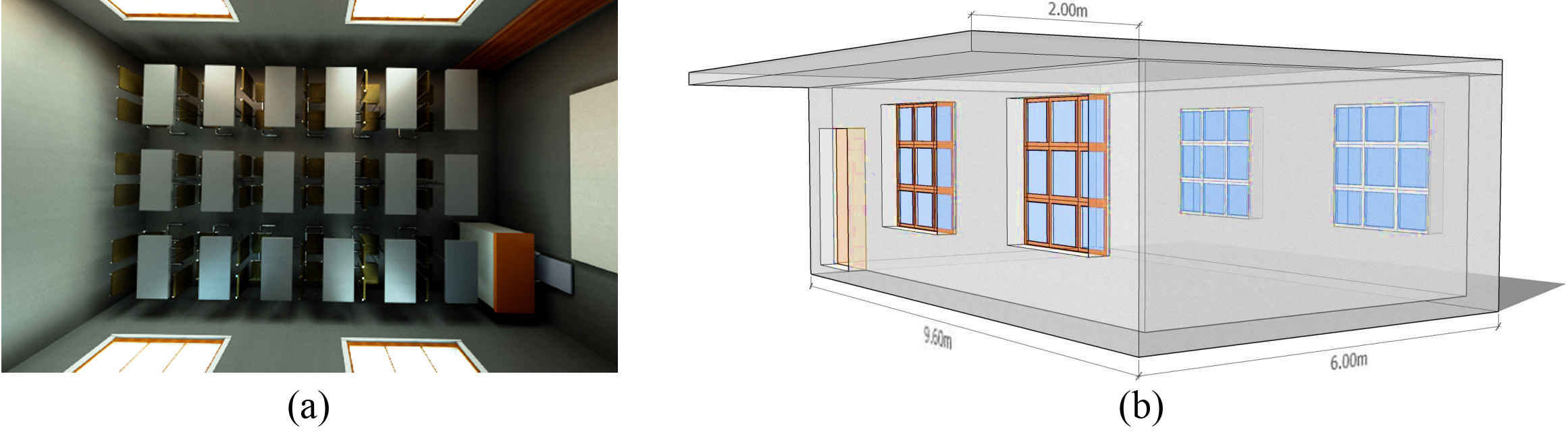 (a) and (b) Geometric 3D Model typology of Typical Classroom (bilateral lighting mode) used in simulation.