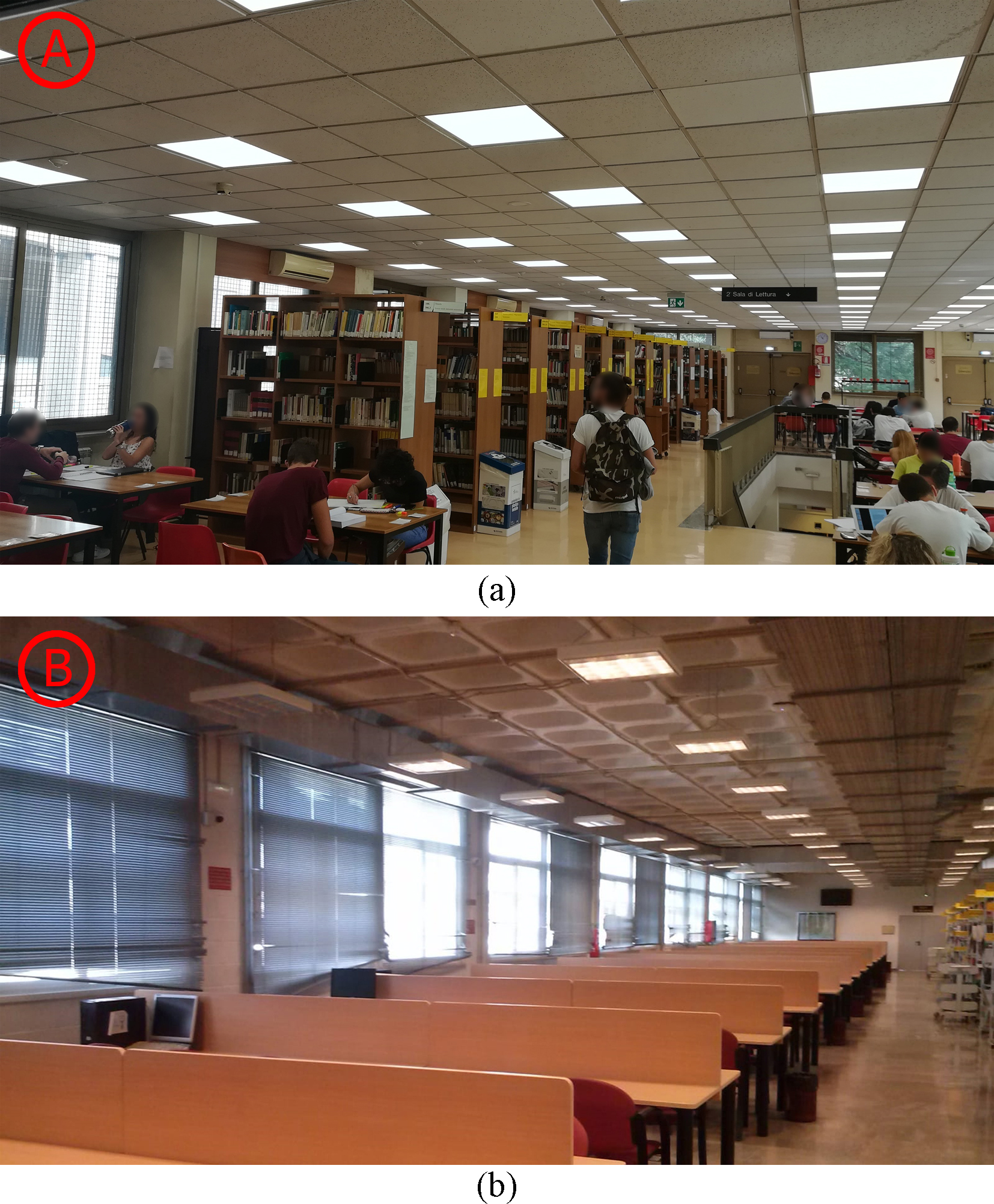 The indoor environments characterizing (a) the library belonging to Sapienza University of Rome and (b) the one belonging to the University of Granada.