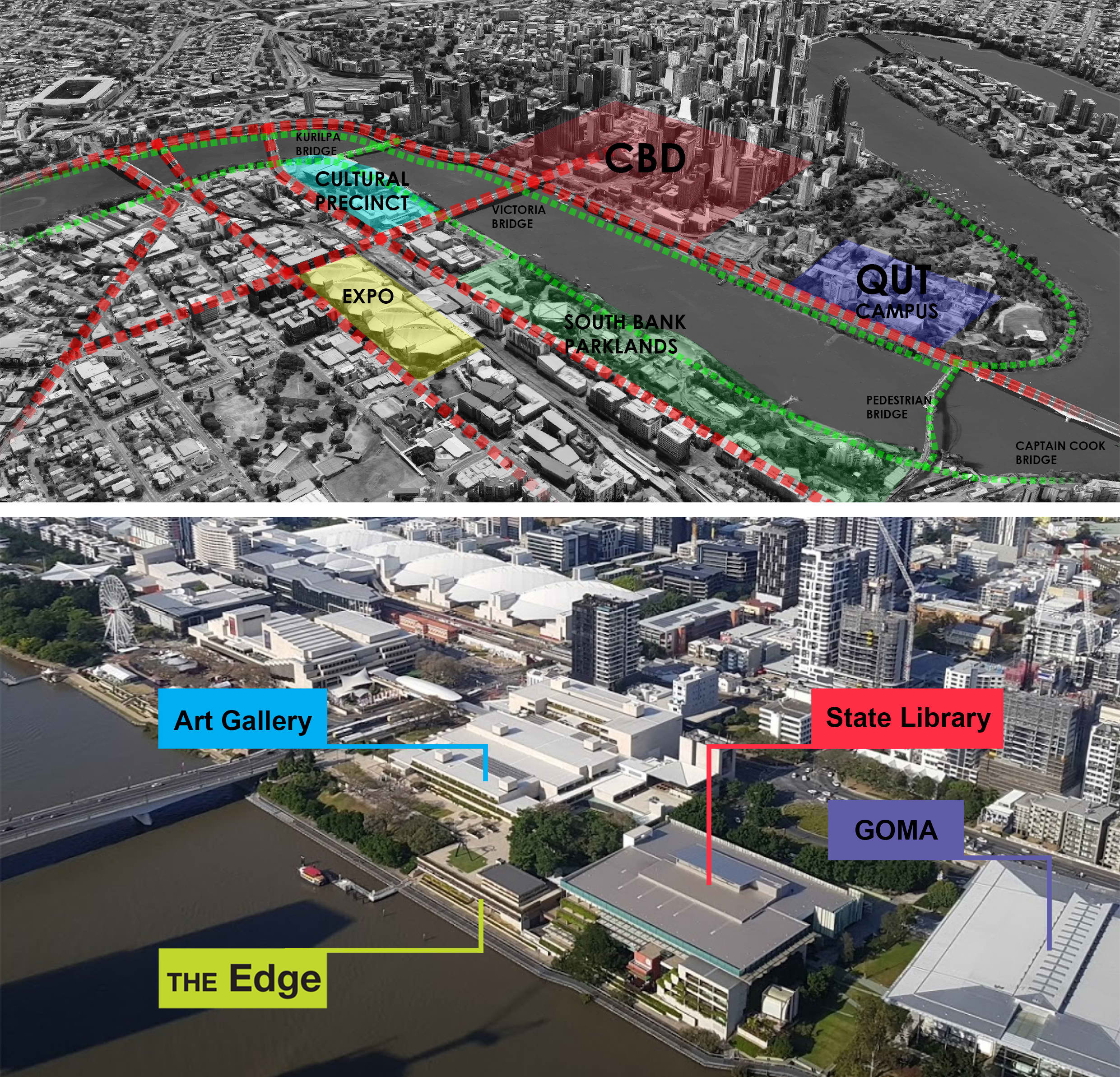 Images of the urban context where the Edge is located.