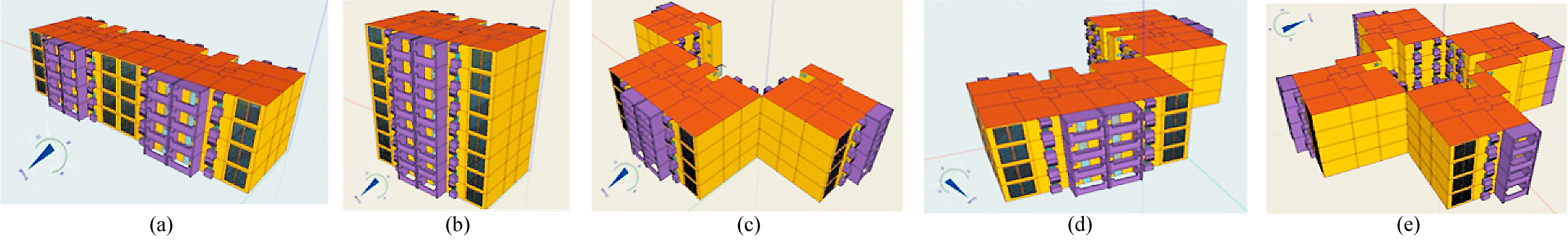 (a) Slab configuration, (b) pavilion configuration, (c) U shape, (d) L shape, and (e) courtyard configuration [18].