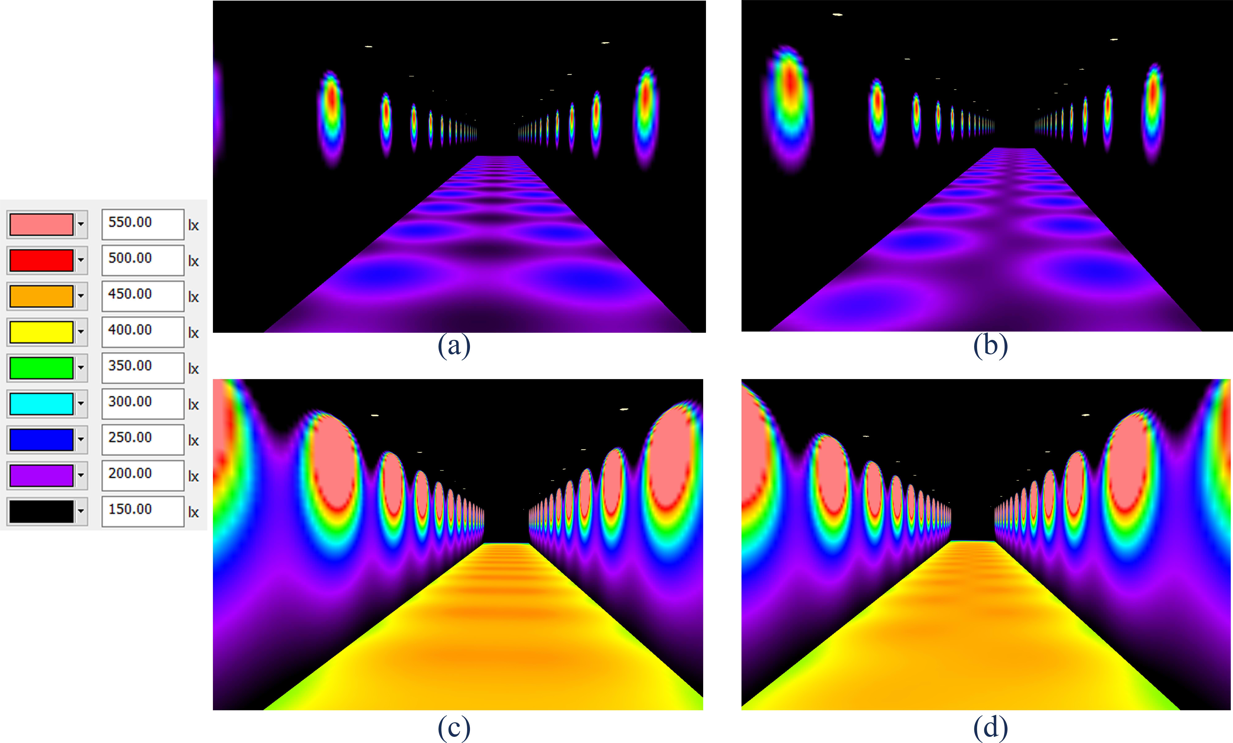 False colour images of direct illuminance on surfaces in scenes with (a) BZ1, δ = 0, (b) BZ1, δ = 1.5 m, (c) BZ5, δ = 0, (d) BZ5, δ = 1.5 m, simulated in DIALux 4.12.