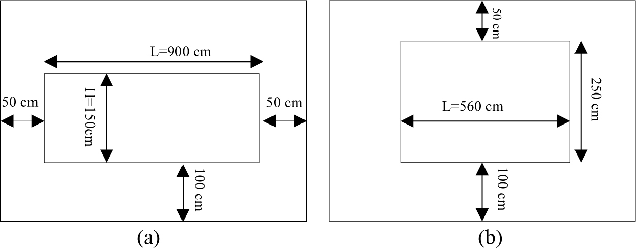 Specifications of windows in the simulation (a) window with width maximum (mode 2) WWR=35% and (b) window with height maximum (mode 1) WWR=35%.