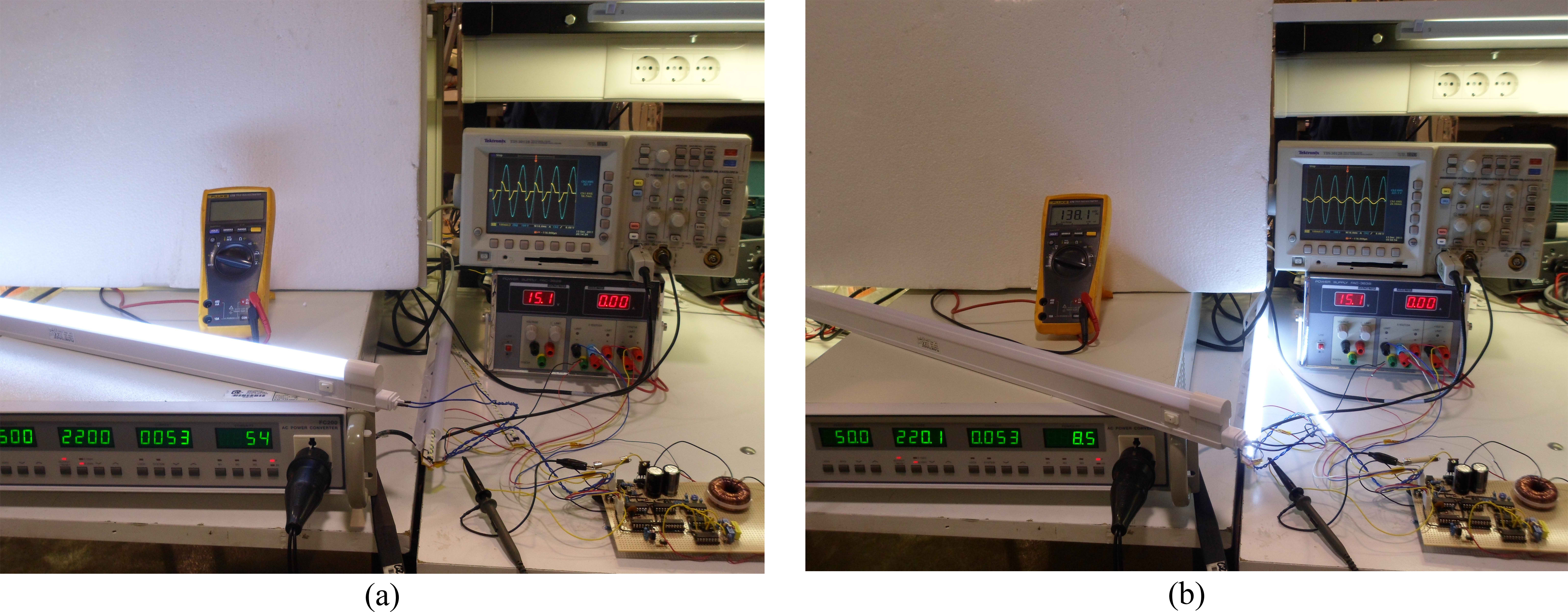 Experimental development for tubular LED lamp (a) without PFC and (b) with PFC.