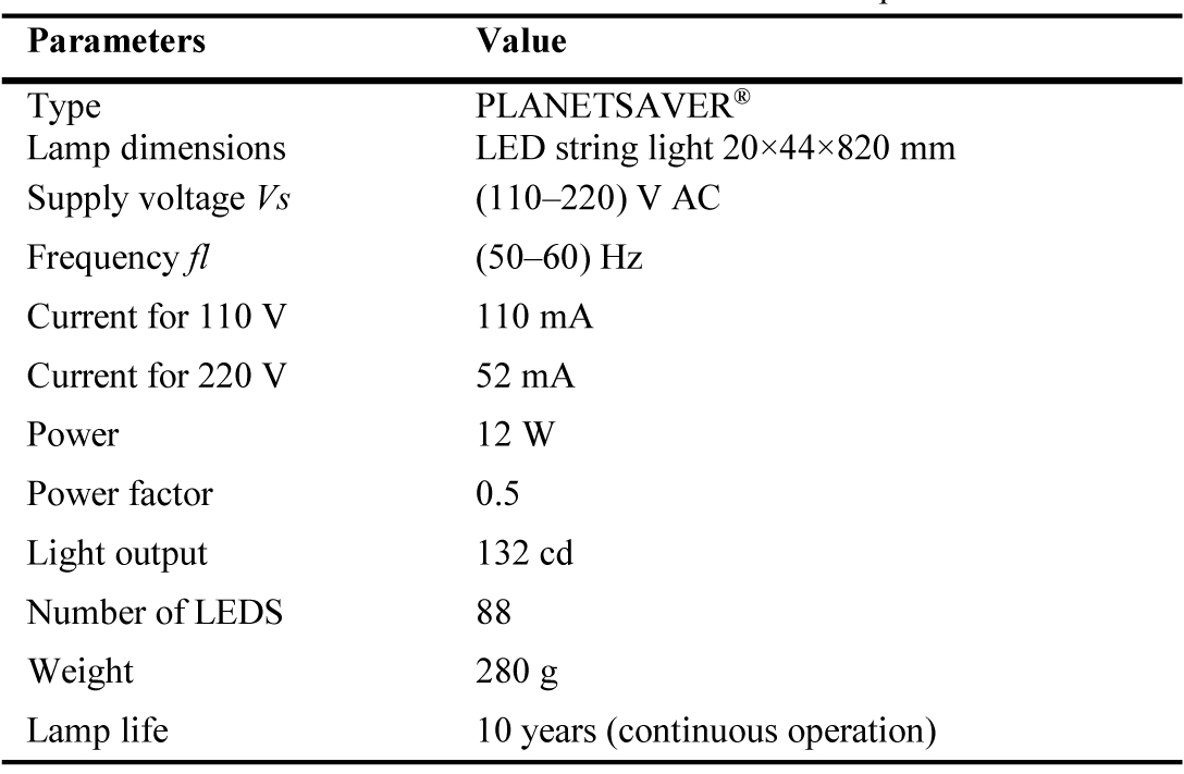 Characteristics of the commercial tubular LED lamp.