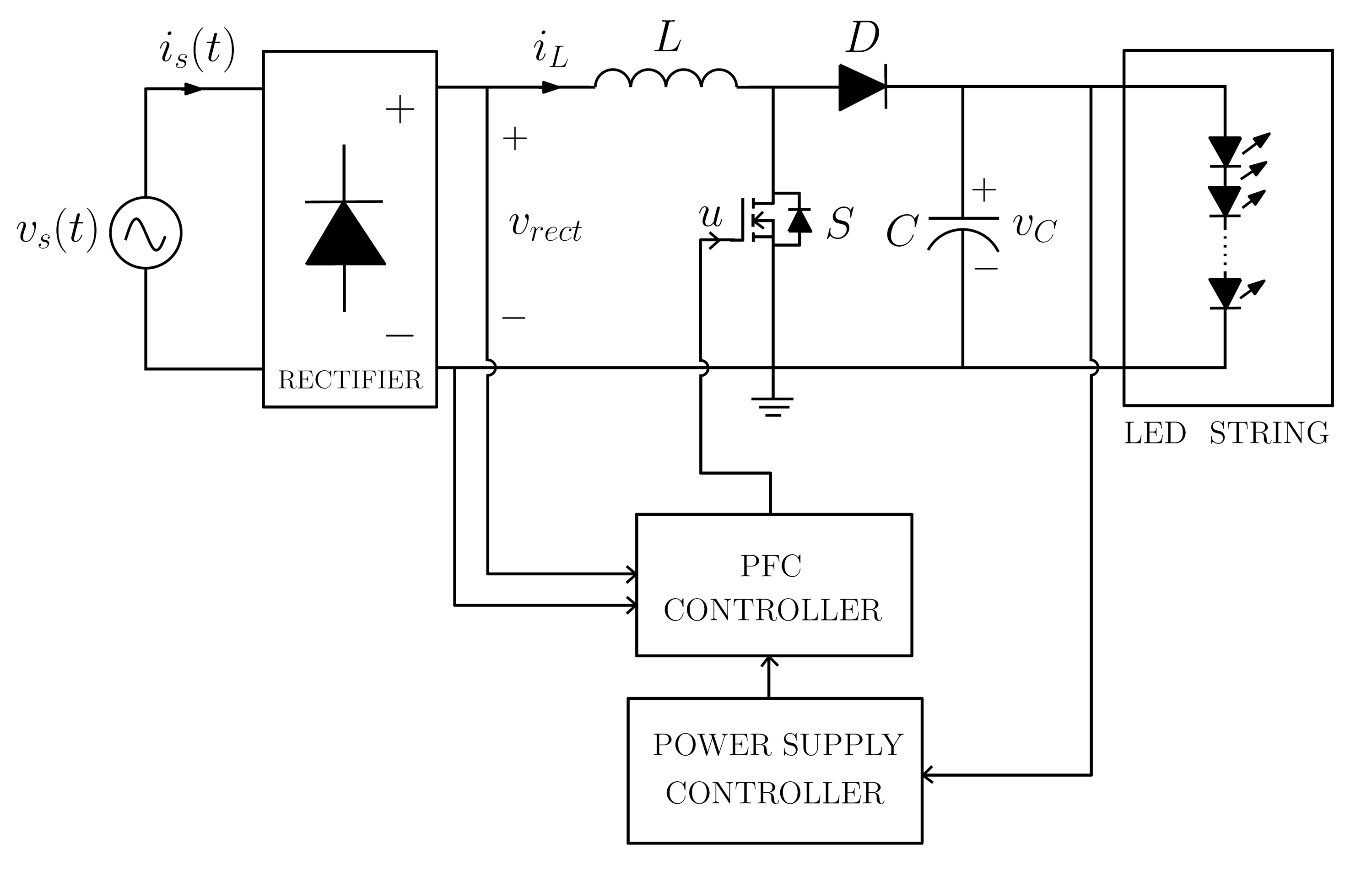 Schematic diagram of a PFC boost converter working as a LED driver.