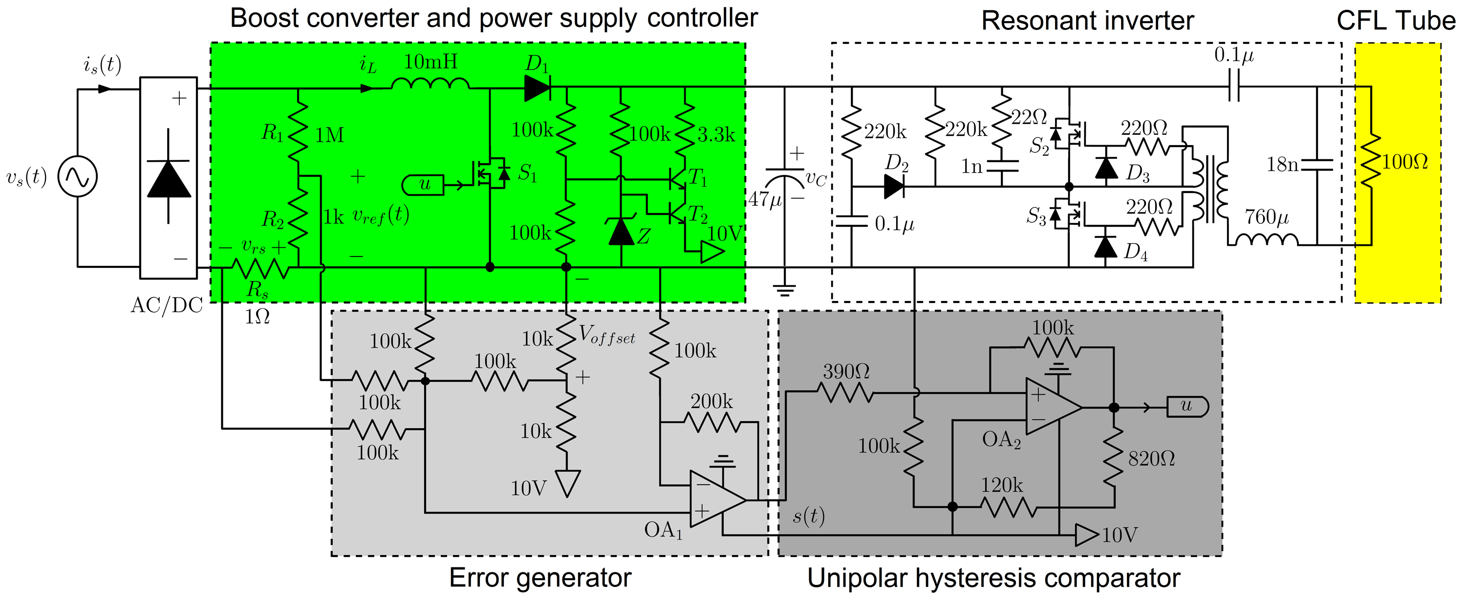 Schematic circuit diagram of the implemented boost PFC converter for CFL.