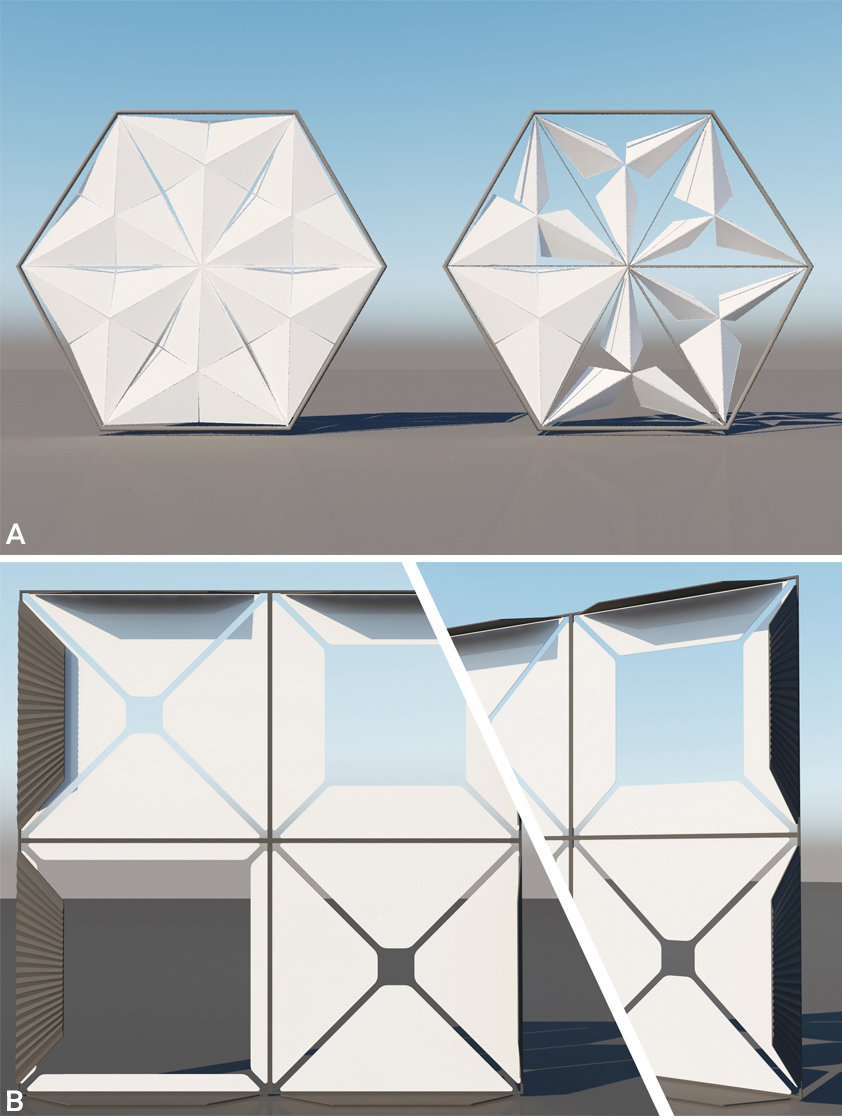  (a) Al Bahr Towers kinetic- Hexagonal components and (b) Helio Trace Centre of Architecture kinetic diagonal movements.