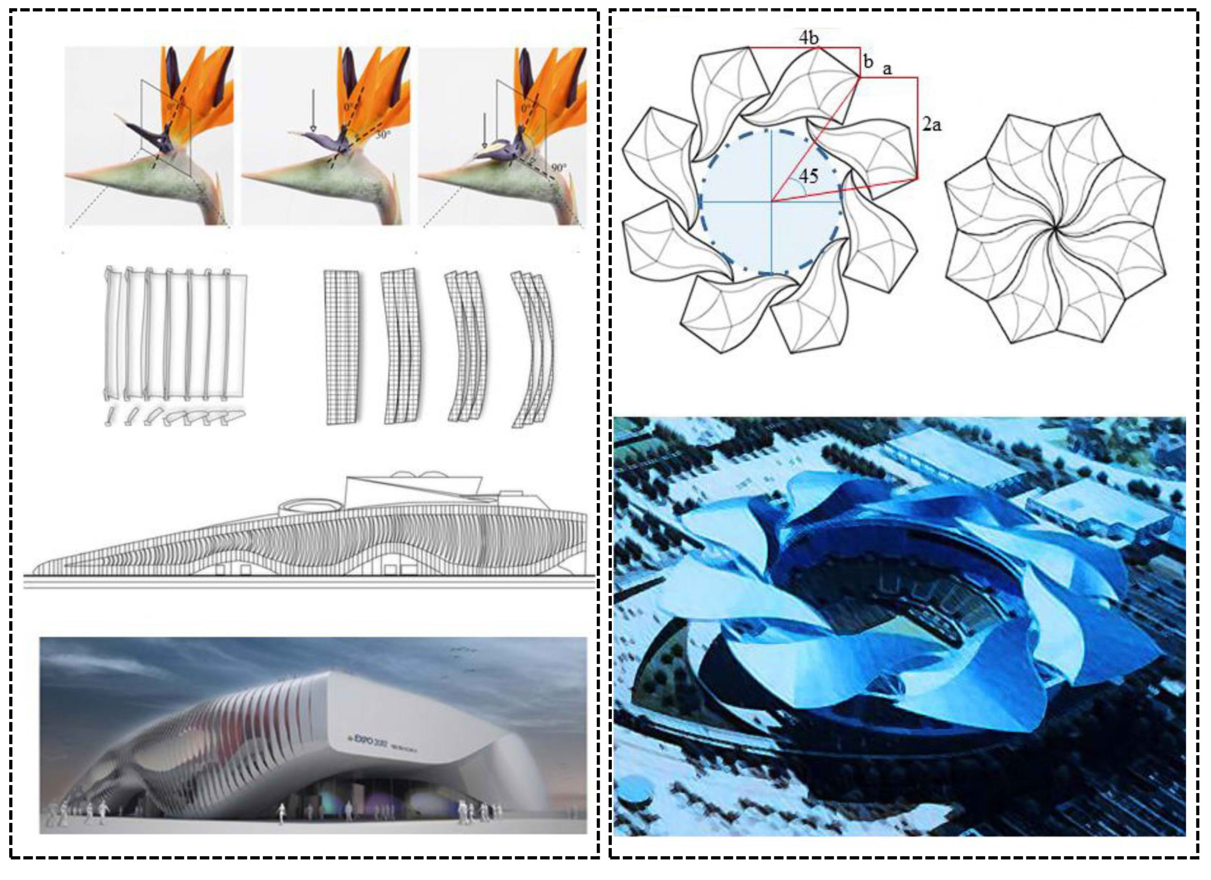(a) Thematic pavilion with kinematic facade at Expo 2012 in Yeosu Korea and (b) Shanghai Qizhang Forest Sports City Centre with dynamic retractable roof in Minhang District of Shanghai in China [4].