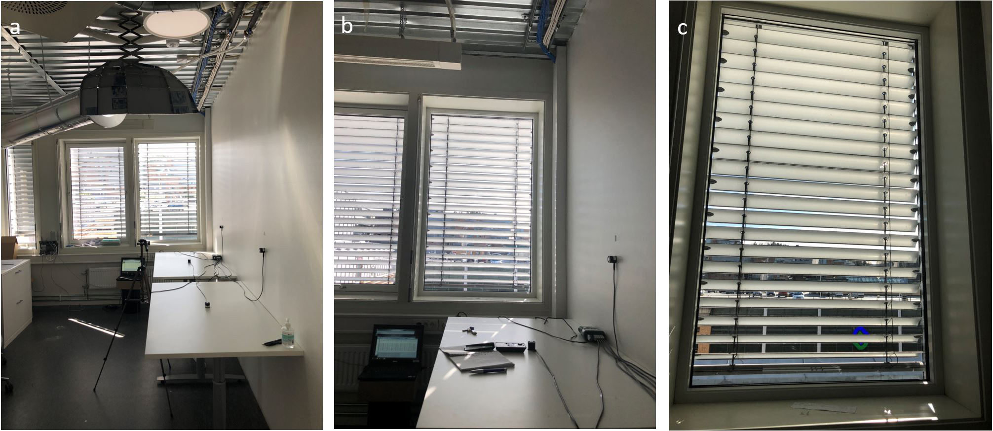 The view against the window and potential for excessive sunlight and glare: from the entrance to the office (a); from the desk 2, closest to the door (b); from the desk 1, closest to the window (c).