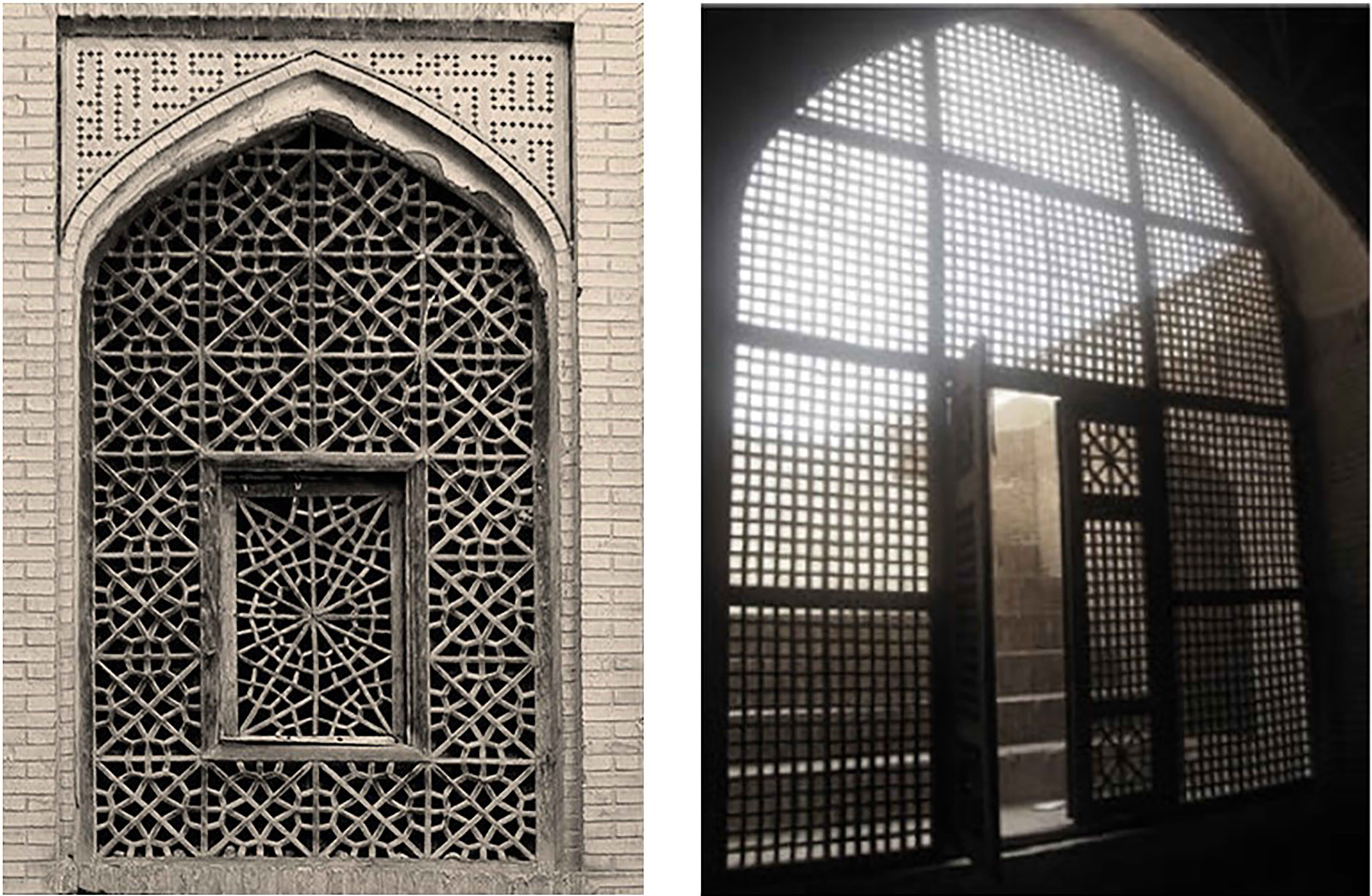 Examples of Moshabak in Iranian architecture. These solar screens are perforated panels that are placed on different parts of the building in order to control light and privacy [5].