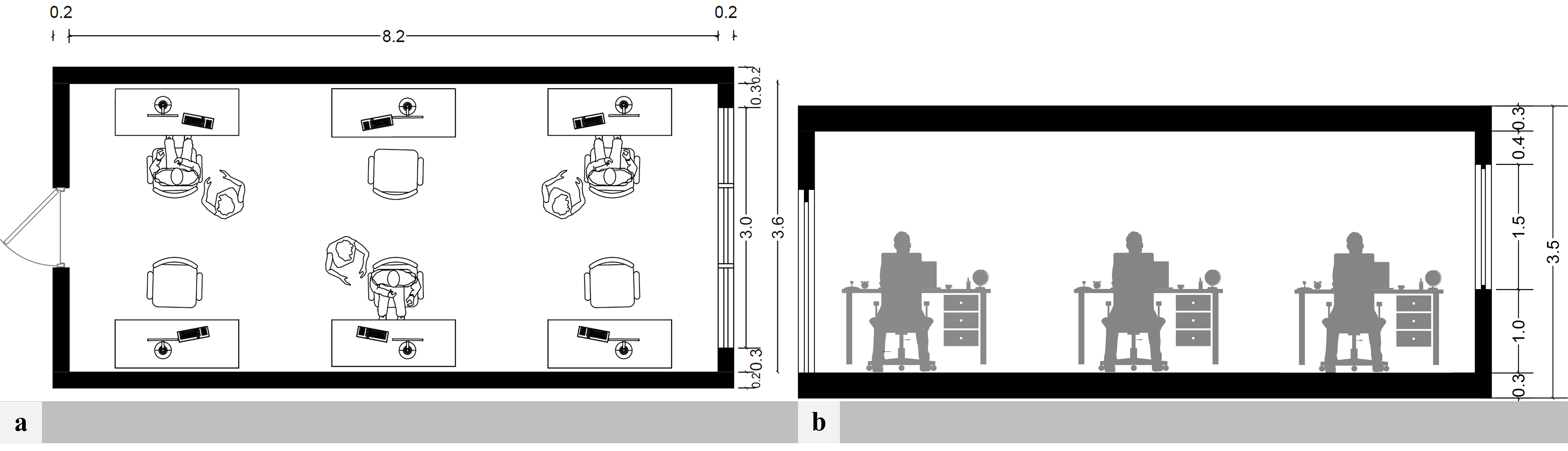Reference room: (a) plan and (b) section.