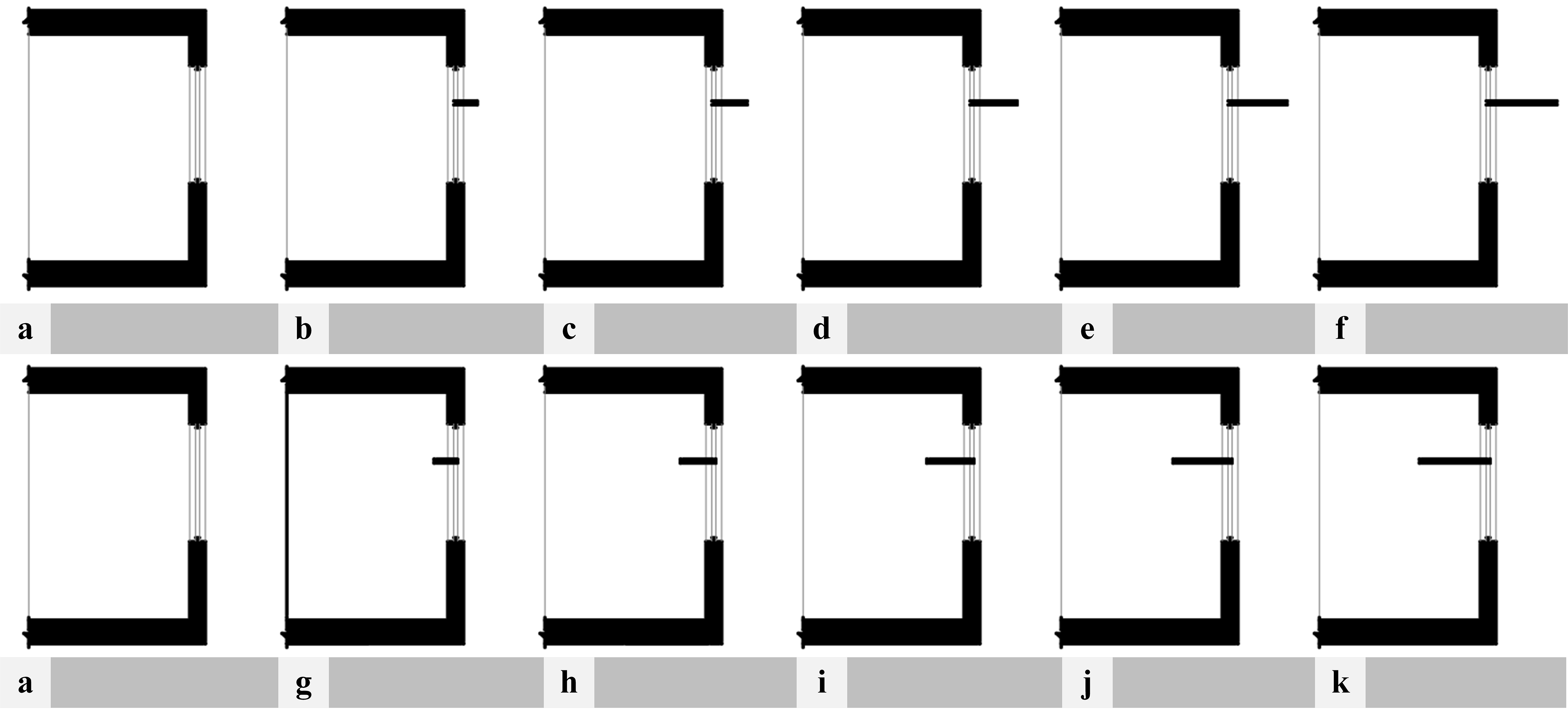 Light shelves’ configurations: exterior (a-f): a: base case, b: 0.30 m, c: 0.45m, d: 0.60m, e: 0.75m, f: 0.90m / Interior (a-k): a: base model, g: 0.30m, h: 0.45m, i: 0.60m, j: 0.75m, k: 0.90m.